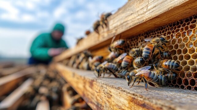 Beekeeper inspecting honeycombs in a hive, representing the delicate balance between nature and agriculture in apiculture