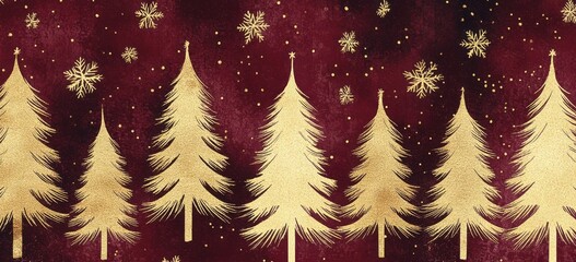 Stylish Christmas pattern featuring hand-drawn gold trees and snowflakes set against a rich burgundy background, perfect for festive decorations and seasonal designs