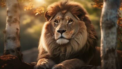 lion is in spring birch trees, white birch trees around the lion, leo relax, big cat resting in park at spring, portrait of king of animals