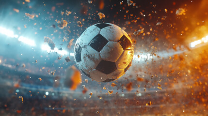 Fototapeta premium Dynamic explosion of a soccer ball amidst stadium lights for sports marketing