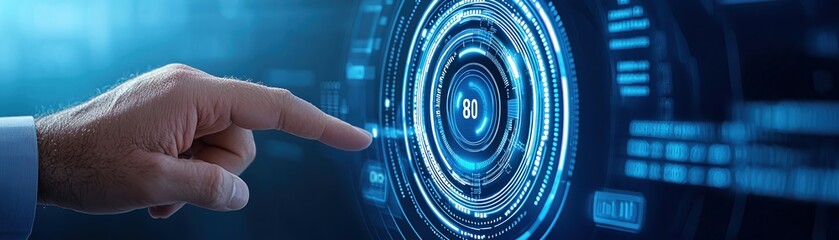Finger pointing at futuristic digital interface, technology innovation concept, blue color scheme.