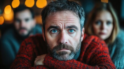 Fototapeta premium Father feeling isolated while his family enjoys a meal, highlighting the emotional distance that can grow within family relationships