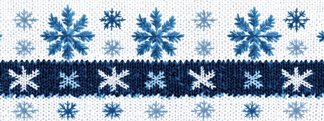Seamless patterns featuring knitted snowflake designs in shades of blue on white background
