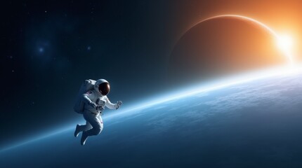 Obraz premium Astronaut floating in space near the Earth with a distant moon and sun on the horizon during a cosmic exploration