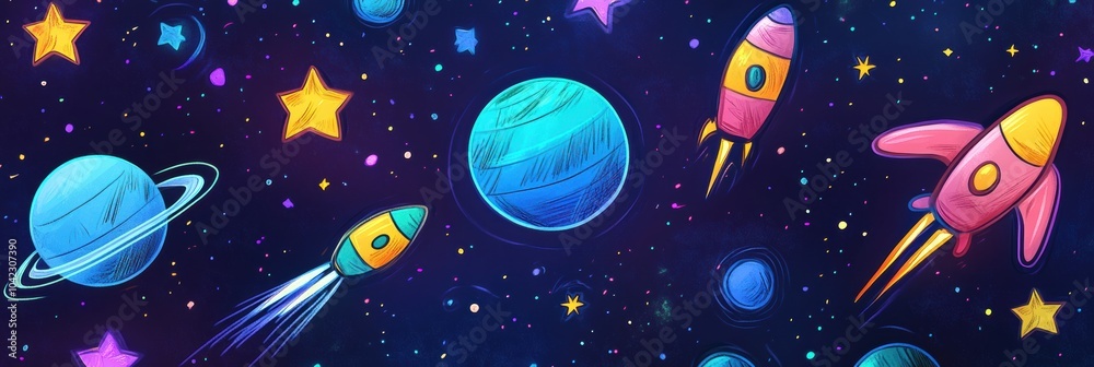 Poster this artwork showcases a whimsical array of cosmic doodles, including colorful rockets, planets, and