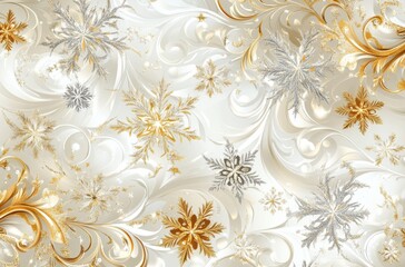 Elegant white background adorned with gold and silver snowflakes for festive celebration