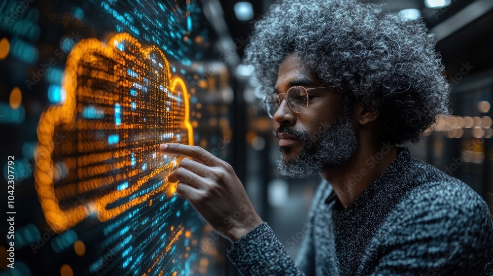 Poster a man examines a vibrant digital cloud display, engaging with data visualizations that represent clo