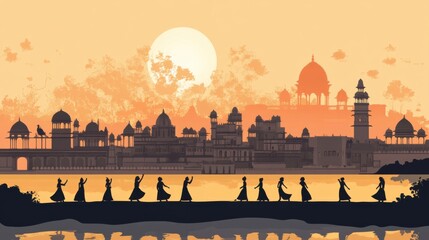 Landmarks of Rajasthan visual including its skyline and cultural dance elements