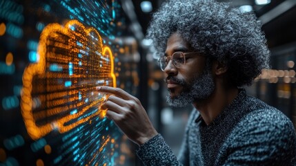 A man examines a vibrant digital cloud display, engaging with data visualizations that represent cloud computing trends and analytics in a futuristic setting