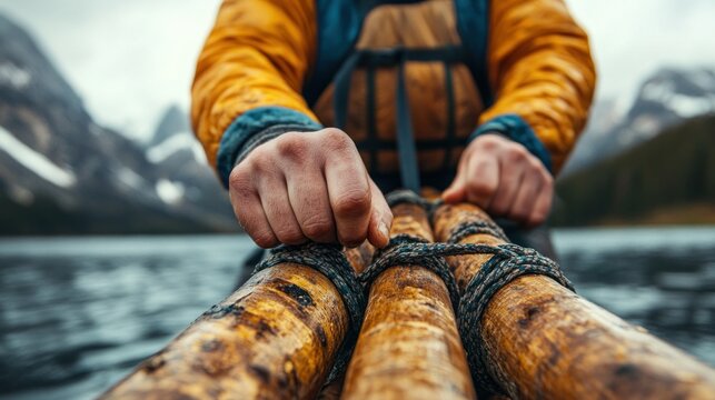 Survival enthusiast builds a raft from fallen logs and vines by the riverbank, preparing for an adventurous escape