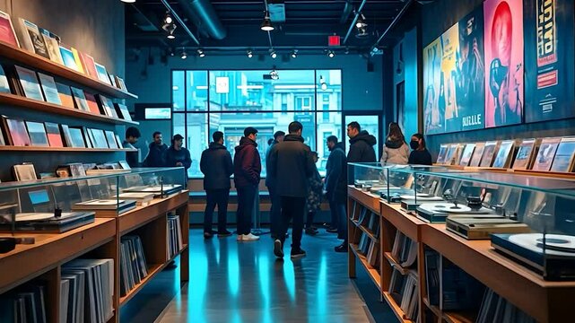 Customers Browsing Vinyl Records in a Record Store