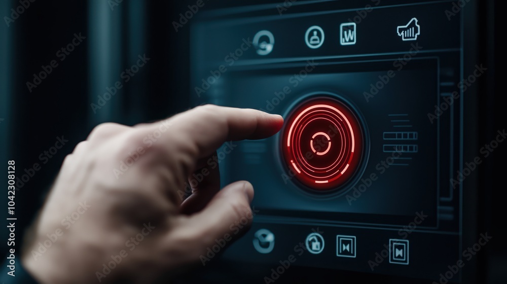 Poster hand interacting with a modern touchscreen interface displaying dynamic icons.