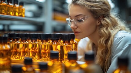 A focused scientist inspects amber glass bottles containing various colorful liquids, showcasing her attention to detail in a modern laboratory environment during the day