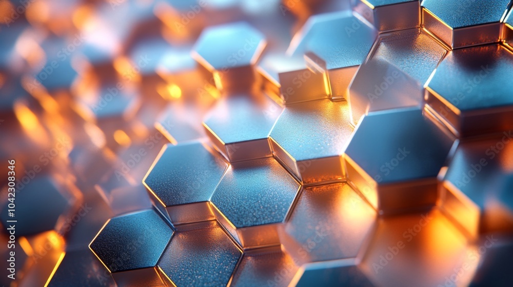 Poster This artwork highlights a detailed arrangement of hexagonal metallic shapes illuminated by warm light, creating a mesmerizing visual effect. The interplay of light and shadow accentuates the texture.