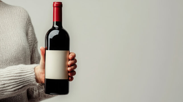 Elegant studio shot of model holding bottle of red wine for product presentation