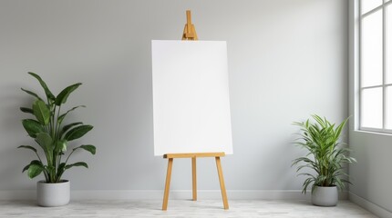 A minimalistic art studio featuring a blank canvas on an easel and a large framed canvas against a wall with a plant