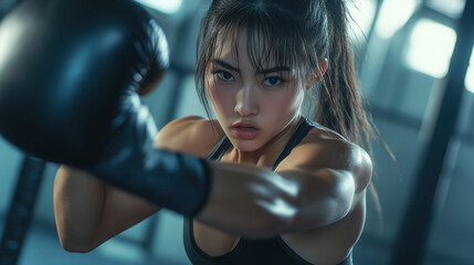 Powerful female athlete punching a heavy bag in a gym studio setting