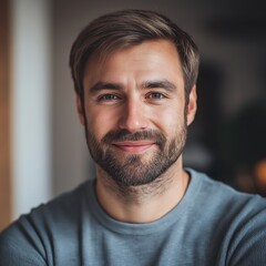 Fototapeta premium A bearded man smiles confidently at the camera, wearing a casual shirt indoors.