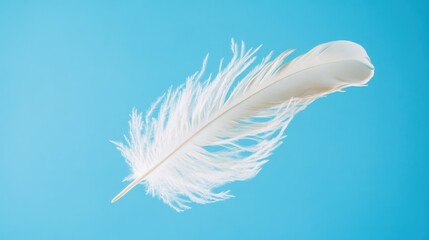 Single white feather falling against blue background showing softness