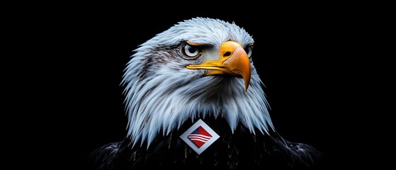 Obraz premium Majestic eagle portrait with piercing eyes, showcasing intricate feather details against a dark background.
