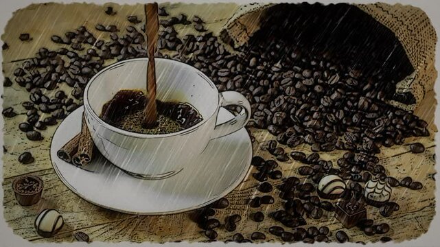 Hand Drawn Sketched Black Coffee Poured into Coffee Cup on Wood Table