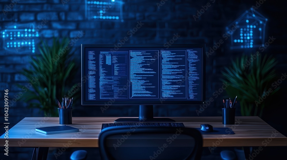 Poster modern workspace with a computer screen displaying code, illuminated ambience with plants.