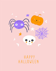 Halloween Hand Drawn Vector Illustration with Cute Pumpkin, Funny Skull, Happy Spider, Cobweb and Bats on a Pastel Pink Background. Kawaii Style Print for Halloween Party. Happy Halloween Card. 