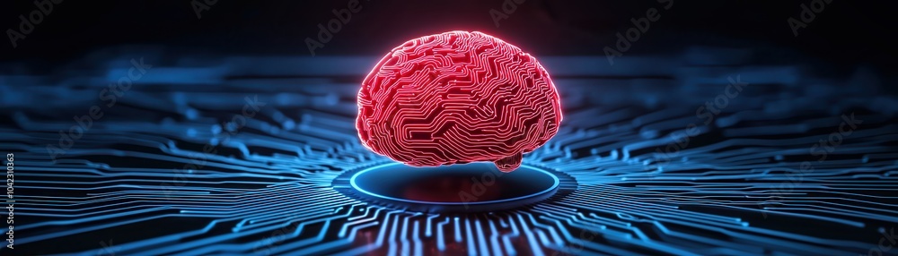 Poster red brain on a microchip with circuitry, symbolizing artificial intelligence and technology advancem