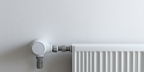A close-up of a modern white radiator with a valve, installed in a minimalistic indoor space, showing clean lines and a sleek design..