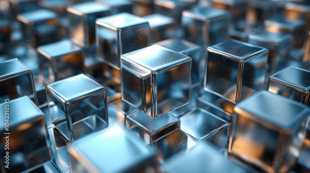 Poster A multitude of shiny metallic cubes are arranged closely, creating a mesmerizing visual effect with their reflections and depth. The intricate arrangement highlights modern design aesthetics.