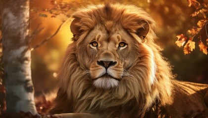 Fototapeta premium lion is in autumn birch trees, white birch trees around the lion, leo relax, big cat resting in park at autumn, portrait of king of animals