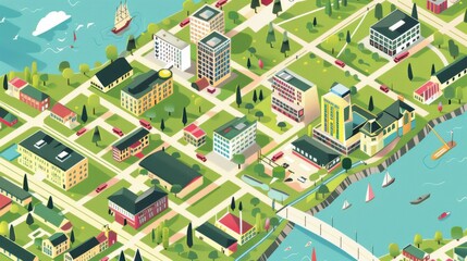 Isometric map of the city, flat design, bright colors