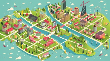 Isometric map of the city, flat design, bright colors