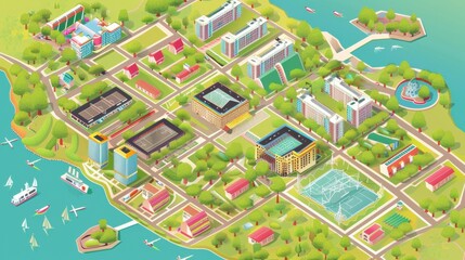 Isometric map of the city, flat design, bright colors