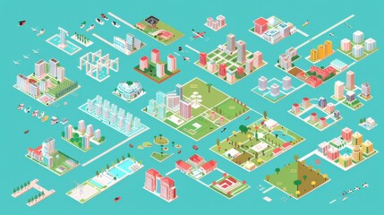 Isometric map of the city, flat design, bright colors