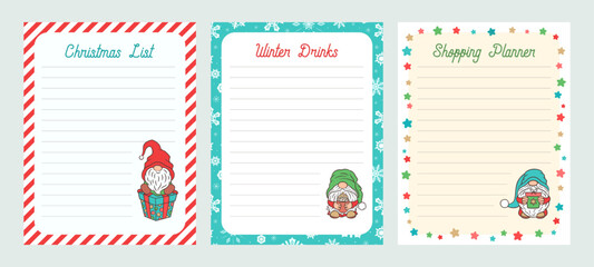 Christmas to do list with cute gnomes. Holiday planner pages wish list vector template. Christmas organizer sheet printable for planner or notepad. Adorable gnomes illustrations and retro font.