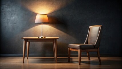 Dark backdrop with wooden table and lamp mockup wallpaper