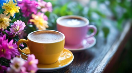 Fototapeta premium Two cups of coffee in colorful mugs with flowers