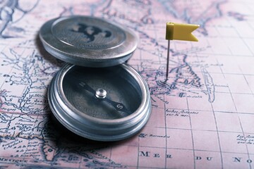 Retro magnetic travel compass on map