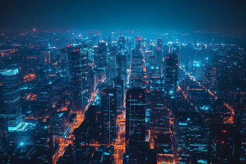 Fototapeta premium A stunning nighttime view of a vibrant city skyline illuminated by blue and orange lights