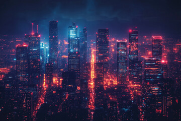 Aerial view of a vibrant, neon-lit city skyline at night showcasing futuristic architecture and bustling streets