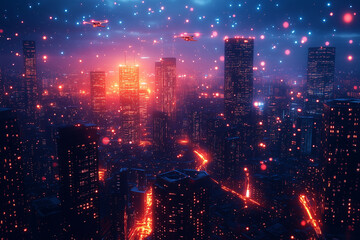 Obraz premium A vibrant futuristic cityscape illuminated by colorful lights at night with flying drones above