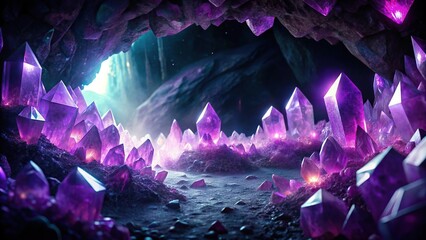 Fototapeta premium Dark background with glowing purple crystals in a magical cave filled with precious stones