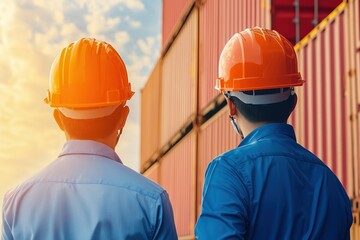 Two workers observing shipping containers at sunset, focused on logistics and transportation.