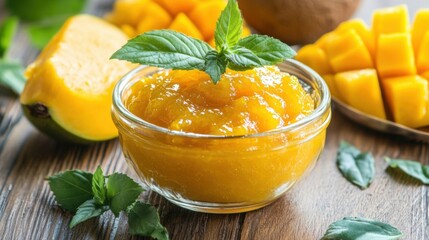 Healthy vegan dessert dish with homemade mango marmalade