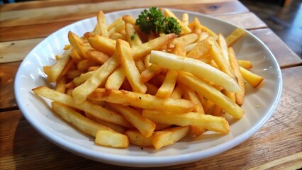 Crispy golden french fries served on a white plate in a cozy restaurant setting during lunch hours