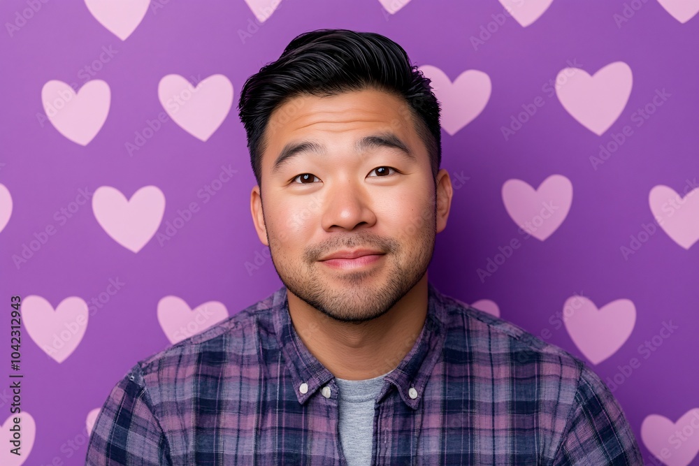 Wall mural a brunette asian father with brown eyes on father's day against a solid purple background with heart