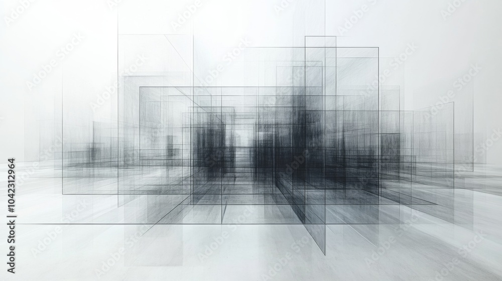 Poster An intricate interplay of translucent geometric forms fills the space, creating a sense of depth and movement in a minimalist artistic environment.