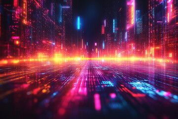 Obraz premium A vibrant digital landscape illuminated by glowing neon lights at night, showcasing futuristic technology in a dynamic urban environment