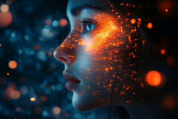 A portrait of a young woman with digitized city lights glowing on her face against a dark, abstract background
